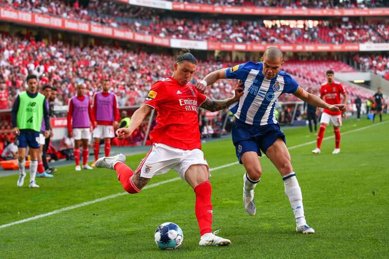 Benfica's Darwin Nunez battles with Porto's Pepe in a Portuguese Primeira Liga game on May 7, 2022. EPA