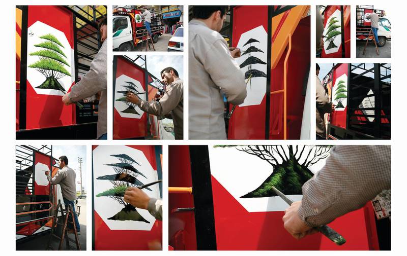 Artist Ali Younis has hand-painted hundreds of trucks with designs such as the Lebanese flag. Courtesy Falak Shawwa