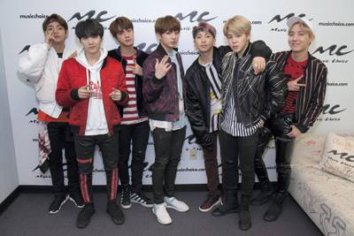 NEW YORK, NY - MARCH 22:  Jin, Suga, J-Hope, Rap Monster, Jimin, V and JungKook of the South Korean boy band 'BTS' visit Music Choice on March 22, 2017 in New York City.  (Photo by Santiago Felipe/Getty Images)
