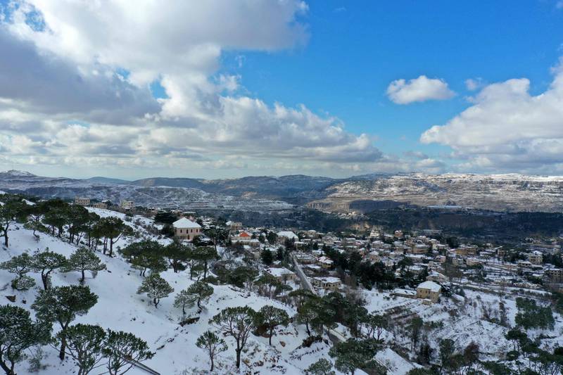 A snow-clad village in the Chouf district of Mount Lebanon governorate, about 52km south-east of Beirut. AFP
