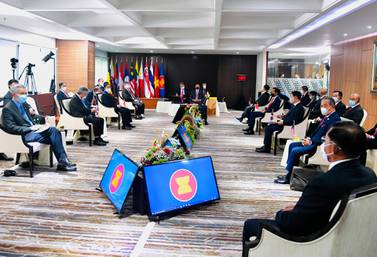 Myanmar's Commander-in-Chief, Senior General Min Aung Hlaing, bottom right, and Asean leaders convene during their meeting in Jakarta this week. AP Photo