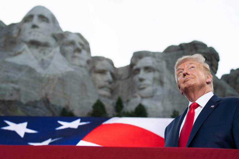 TOPSHOT - US President Donald Trump arrives for the Independence Day events at Mount Rushmore National Memorial in Keystone, South Dakota, July 3, 2020. / AFP / SAUL LOEB
