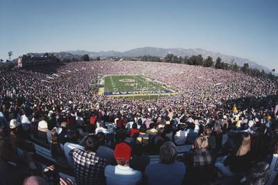 General view from the spectators in the grandstands of the NCAA Division I-A  college football game between the Michigan Wolverines and UCLA Bruins at the 69th Rose Bowl Game on 1 January 1983 at the Rose Bowl stadium in Pasadena, California, United States. UCLA won 24-14. (Photo by Tony Duffy/Getty Images)EinschrÃ¤nkungen *** Local Caption ***