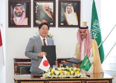Saudi Foreign Minister Prince Faisal bin Farhan and Japan's Foreign Minister Yoshimasa Hayashi agreed to work together on clean energy Photo: Mofa Japan