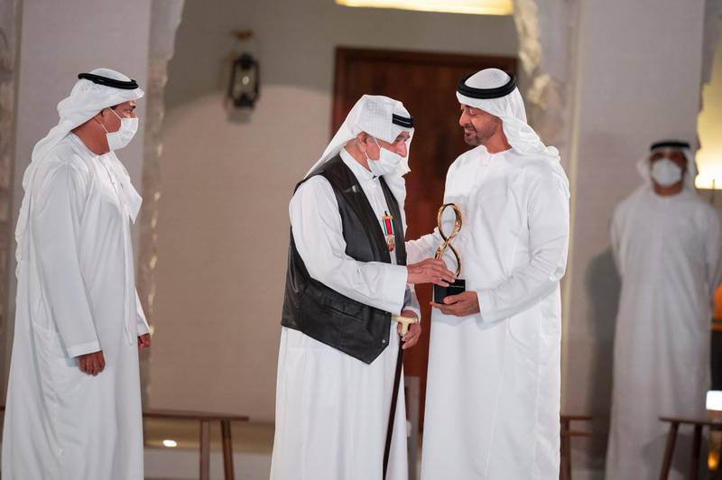 ABU DHABI, UNITED ARAB EMIRATES - April 07, 2021: HHH Sheikh Mohamed bin Zayed Al Nahyan, Crown Prince of Abu Dhabi and Deputy Supreme Commander of the UAE Armed Forces (R), presents an Abu Dhabi Award to Hussain Abdulrahman Khansaheb (C), during an awards ceremony, at Qasr Al Hosn.


( Mohamed Al Hammadi / Ministry of Presidential Affairs )
---