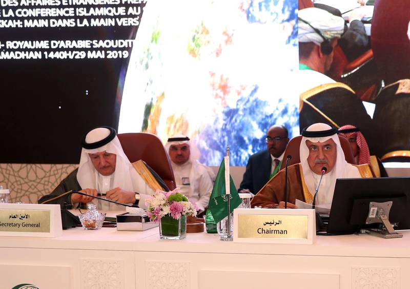 Saudi Arabia's Foreign Minister Ibrahim Al-Assaf, right, and the Secretary General of the OIC, Dr Yousef Al-Othaimeen, attend the foreign ministers meeting in Jeddah.  AFP
