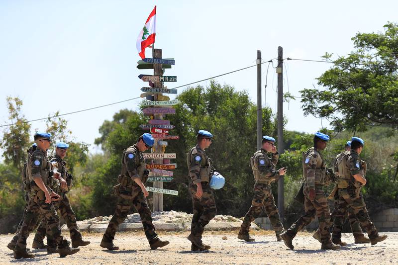 French UN peacekeepers in the southern Lebanese border town of Naqoura. Lebanon's economic crisis is pushing its government to search for offshore hydrocarbons but a maritime border dispute with Israel continues to frustrate Beirut. AP