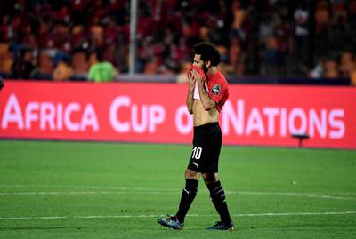 Egypt's forward Mohamed Salah reacts after winning the 2019 Africa Cup of Nations (CAN) football match between Egypt and DR Congo at the Cairo International Stadium on June 26, 2019.  / AFP / JAVIER SORIANO
