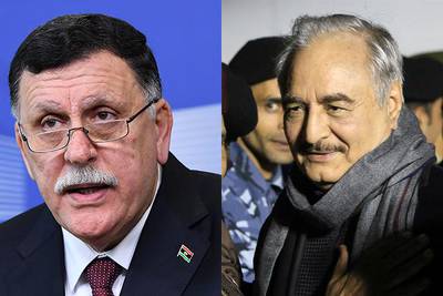Prime minister of Libya’s UN-backed Government of National Accord (GNA), Fayez Al Sarraj, left, and Field Marshal Khalifa Haftar, right, the military leader of the so-called Libyan National Army and Libya’s parallel parliament based in the eastern city of Tobruk.   Emmnuel Dunand/AFP Photo and Abdullah Doma/AFP