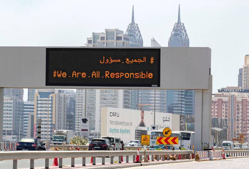Dubai, United Arab Emirates - Reporter: N/A: Coronavirus / Covid-19. A new hashtag is displayed on Hessa Street saying 'We are all responsible'. Wednesday, May 20th, 2020. Dubai. Chris Whiteoak / The National