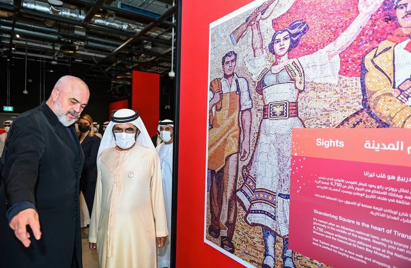Sheikh Mohammed met with Albanian Prime Minister Edi Rama at his country's pavilion for Albania's National Day. Mr Rama expressed his happiness at visiting the UAE and meeting Sheikh Mohammed.