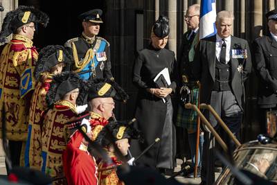 The Earl and Countess of Wessex and the Duke of York leave St Giles' Cathedral after the service of prayer and reflection for the queen's life on Monday.