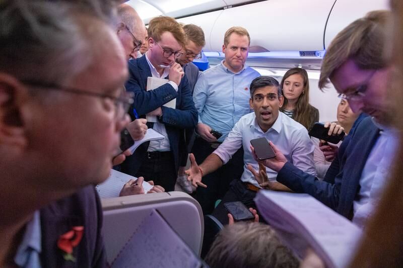 Mr Sunak with journalists on a flight to Bali and the G20 meeting. Photo: Simon Walker / No 10 Downing Street