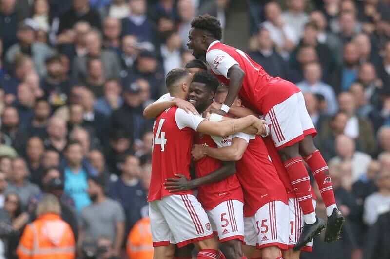 Arsenal's Thomas Partey celebrates with teammates after scoring the first goal. Getty