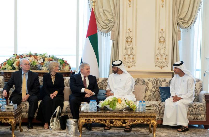 ABU DHABI, UNITED ARAB EMIRATES - September 10, 2018: HH Sheikh Mohamed bin Zayed Al Nahyan, Crown Prince of Abu Dhabi and Deputy Supreme Commander of the UAE Armed Forces (2nd R), receives retired General Anthony Zinni United States envoy (3rd R), during a Sea Palace barza. Seen with HH Sheikh Hazza bin Zayed Al Nahyan, Vice Chairman of the Abu Dhabi Executive Council (R). (  Rashed Al Mansoori / Crown Prince Court - Abu Dhabi  )---