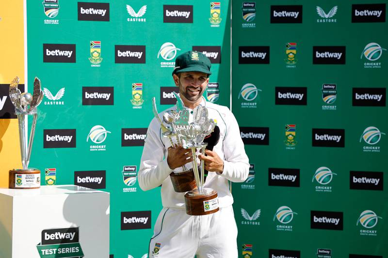 South Africa's Keshav Maharaj poses with his player of the match and the series trophies after the second Test against Bangladesh at St George's Park in Gqeberha on Monday, April 11, 2022. AFP