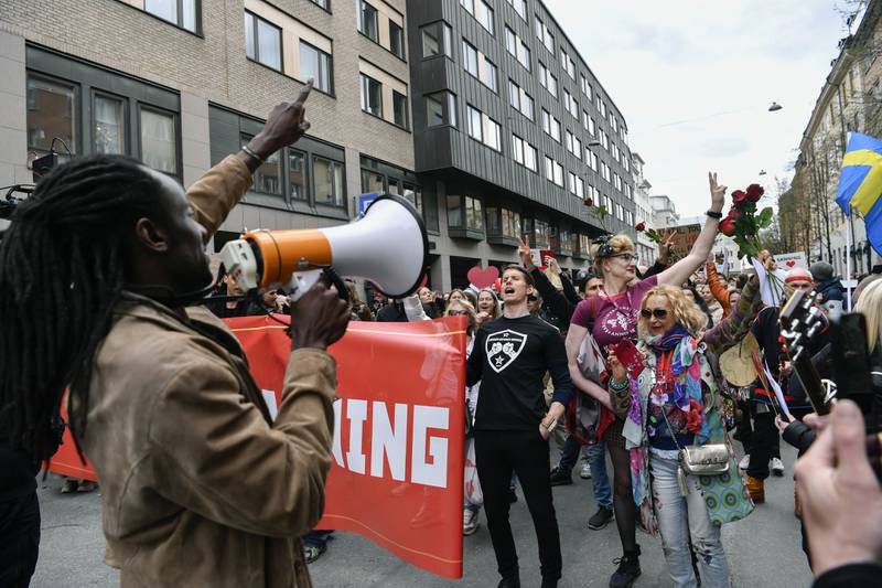 Protesters march against Covid-10 restrictions in Stockholm. AP