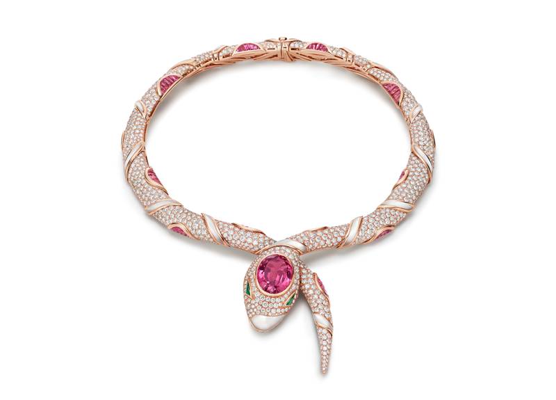 The pieces are all made in precious materials such as white gold, white diamonds and pink sapphires. Photo: Bulgari
