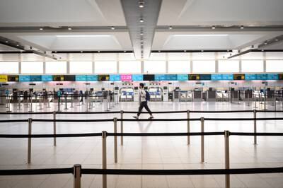 Deserted check-in desks in the North Terminal at Gatwick Airport during the Covid-19 pandemic in 2020