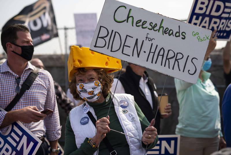 Jill Brunscheen, a supporter of Democratic presidential nominee and former Vice President Joe Biden, attends a rally outside the Wisconsin Aluminum Foundry on September 21, 2020 in Manitowoc, Wisconsin. AFP