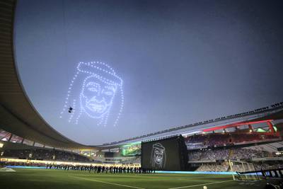 Drones light up the sky with the face of Sheikh Mohammed bin Zayed before the game between Shabab Al Ahli and Al Nasr in the PresidentÕs Cup final in Al Ain on May 16th, 2021. Chris Whiteoak / The National. 
Reporter: John McAuley for Sport