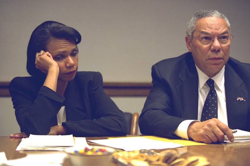 Secretary of State Colin Powell, right, and National Security Adviser Condoleezza Rice in the President's Emergency Operations Centre on September 11, 2001. US National Archives