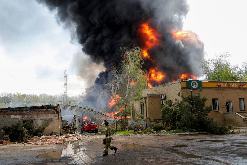 A burning oil storage unit on the outskirts of Donetsk, Ukraine. Reuters