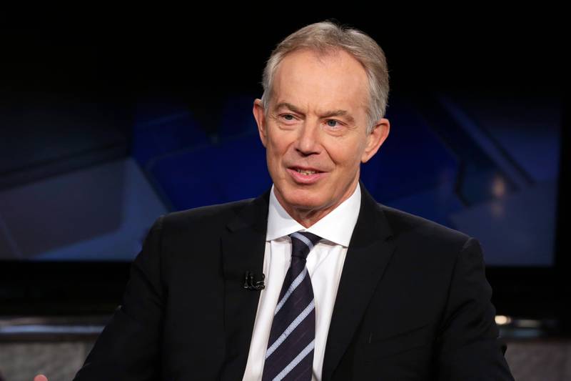 FILE- In this Wednesday, Feb. 24, 2016 file photo, former British Prime Minister Tony Blair is interviewed by Maria Bartiromo during her "Mornings with Maria" program on the Fox Business Network, in New York. Blair said in an article published Saturday, July 15, 2017, thereâ€™s a chance Britain won't leave the European Union, and stopping Brexit is "necessary" to avoid severe economic damage.  (AP Photo/Richard Drew, File)