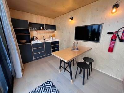 The cabin features a kitchenette with all mod cons.