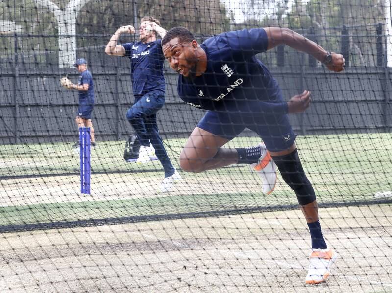Chris Jordan bowls in the nets during an England training session at Adelaide Oval. Getty