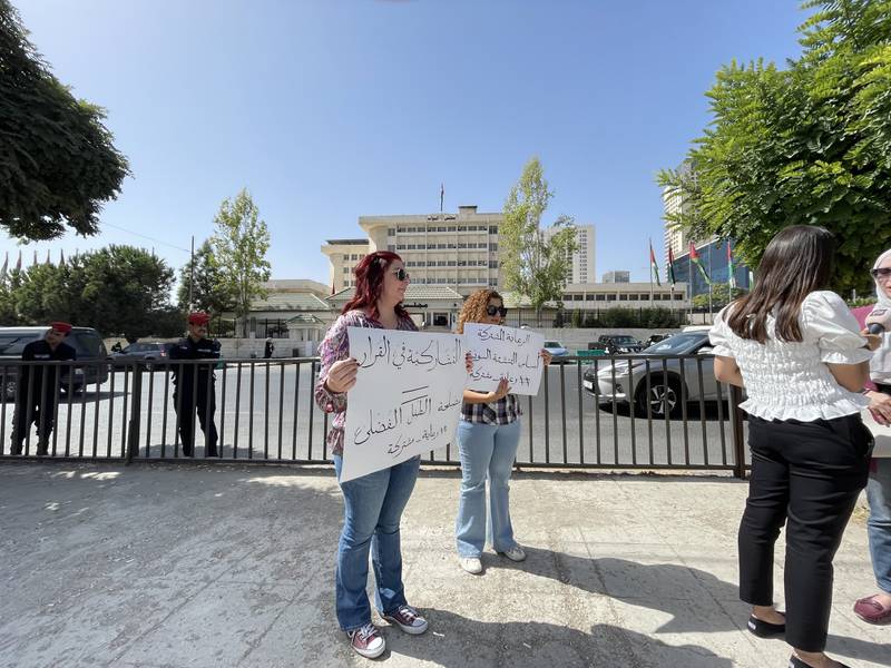 Two of the three protestors outside the parliament building in central Amman. Khaled Yacoub Oweis, The National.
