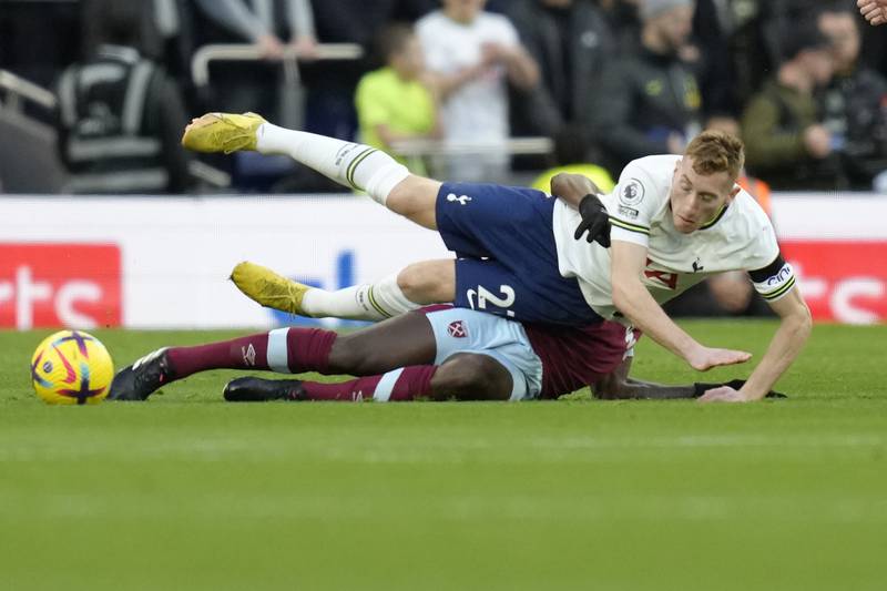 West Ham's Michail Antonio challenges Tottenham's Dejan Kulusevski. AP 