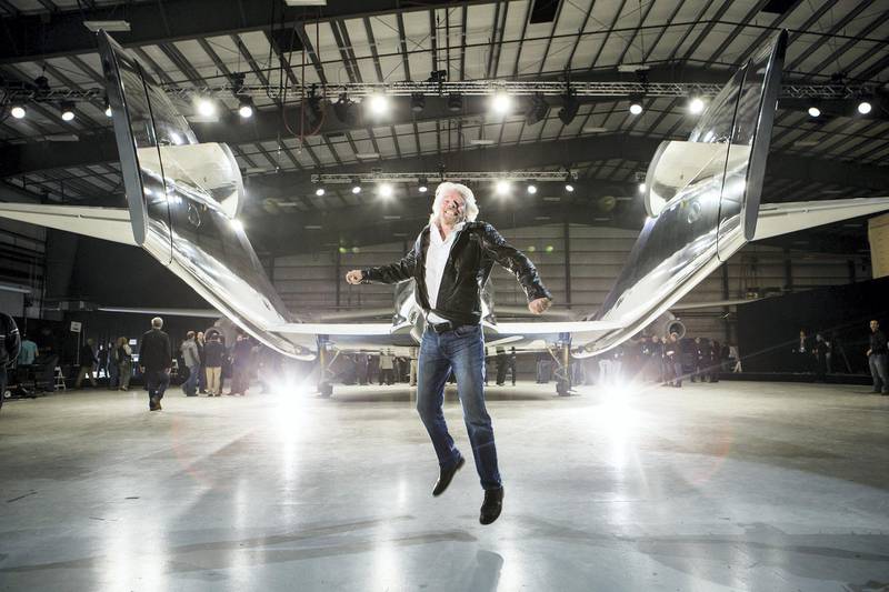 Richard Branson jumps for joy at the rear of VSS Unity. Branson founded Virgin Galactic in 2004, with the hope of reaching space. Virgin Galactic