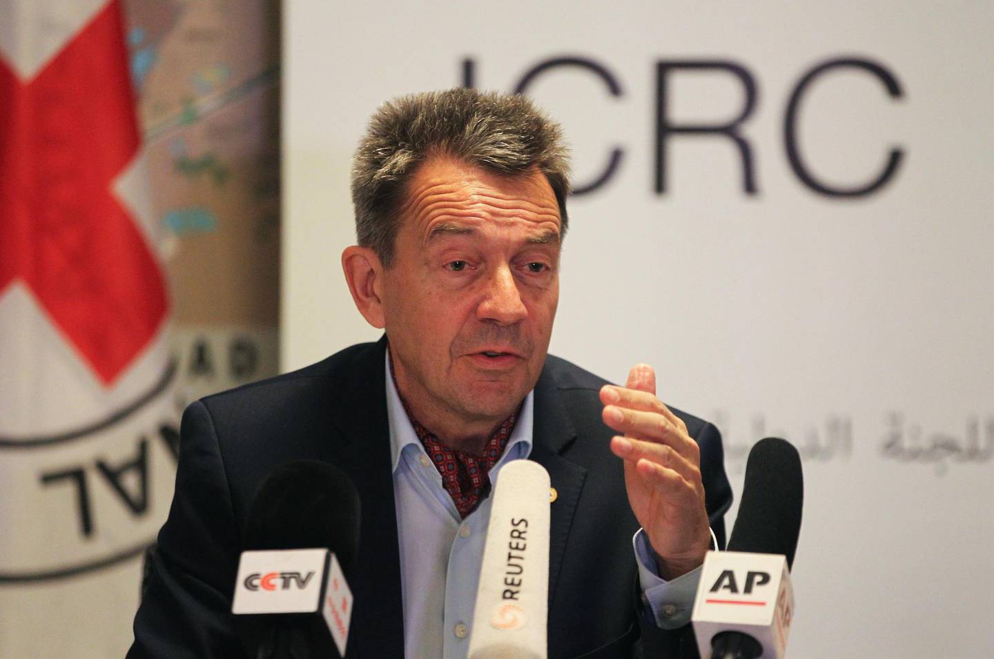 Peter Maurer, President of the International Committee of the Red Cross (ICRC), gives a press conference in Baghdad on the humanitarian situation in Iraq after three years of conflict against the Islamic State group on March 7, 2018.  / AFP PHOTO / AHMAD AL-RUBAYE