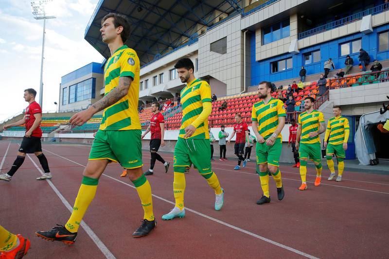 FC Neman players come out before their match against Belshina at the Stadyen Neman, Grodno, Belarus. Reuters