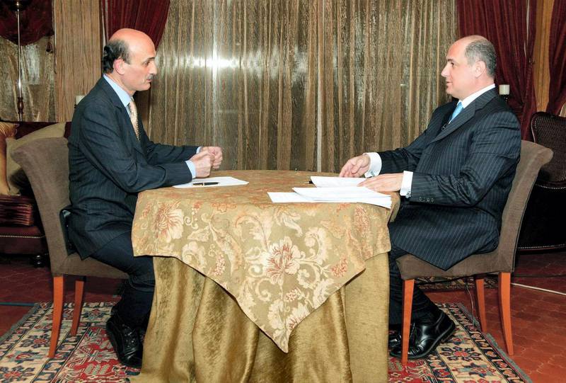 Christian Lebanese Forces leader Samir Geagea (L) is interviewed 04 May 2006 by the Lebanese Broadcast Corporation's (LBC) talk show animator Marcel Ghanem at Geagea's residence in the mountain resort of the Cedars in northern Lebanon. AFP PHOTO/ALDO AYYOUB/HO / AFP PHOTO / HO / ALDO AYOUB