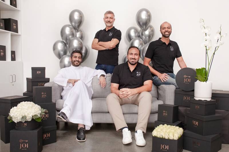 From left, Mohammad AlHokail, partner at Enhance Ventures, Alper Celen, co-founder at Joi Gifts and partner of Enhance Ventures, Rami Kahale, chief executive of Joi Gifts, Ritesh Tilani, co-founder of Joi Gifts and partner of Enhance Ventures. Courtesy Joi Gifts