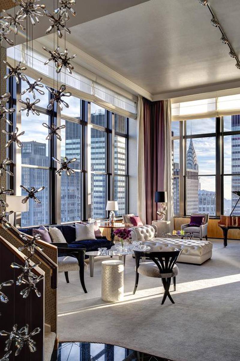Jewel Suite living room. The New York Palace Hotel, has teamed with jewelry designer Martin Katz to create the Jewel Suite, a two-story, 5,000 square foot penthouse that costs $25,000 a night and houses up to six guests. Courtesy Northwood Hospitality