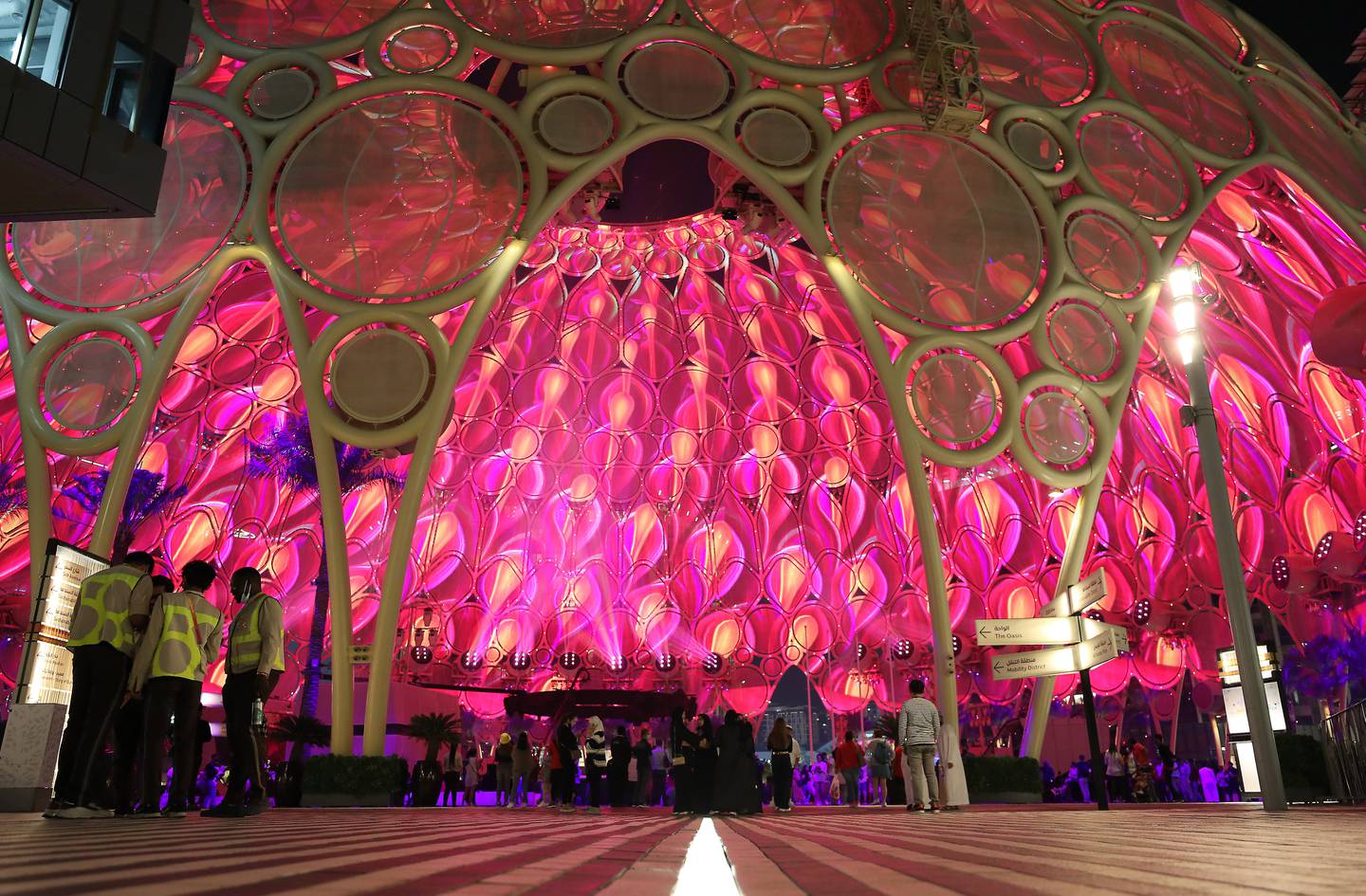 Visitors catch immersive shows at Al  Wasl Dome before the site shuts for the night. Pawan Singh / The National  