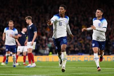 Jude Bellingham celebrates after scoring England's second goal in the 3-1 friendly win over Scotland. Getty