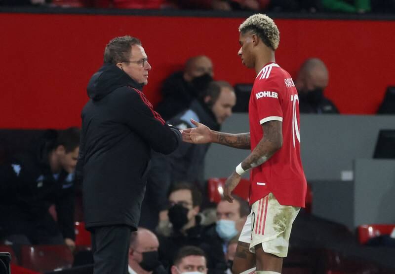 Marcus Rashford shakes hands with iManchester United's interim manager Ralf Rangnick after being substituted during the FA Cup third round match against Aston Villa at Old Trafford. Reuters