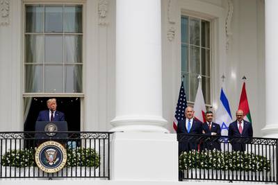 Sheikh Abdullah looks on from the White House as Mr Trump speaks at the Abraham Accord signing ceremony, also attended by Mr Al Zayani and Mr Netanyahu. AP