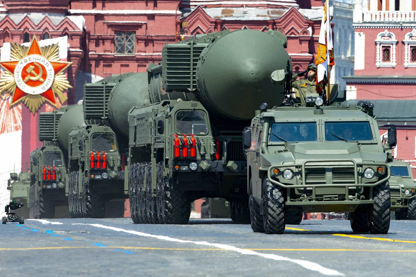Russian RS-24 Yars ballistic missiles roll into Red Square during a Victory Day military parade in Moscow. AP Photo