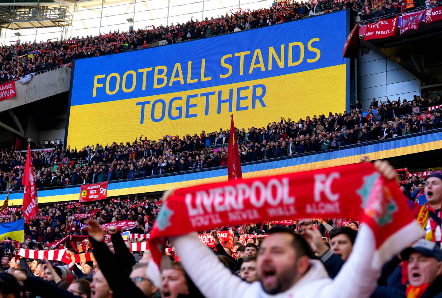 A message showing support for Ukraine ahead of the League Cup final at Wembley Stadium. PA