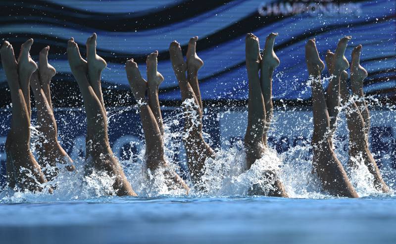 China's team perform their routine in the artistic swimming team technical final at the 19th World Championships in Budapest, Hungary. AP