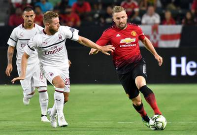 Manchester United's Luke Shaw moves the ball past AC Milan's Ignazio Abate. Reuters
