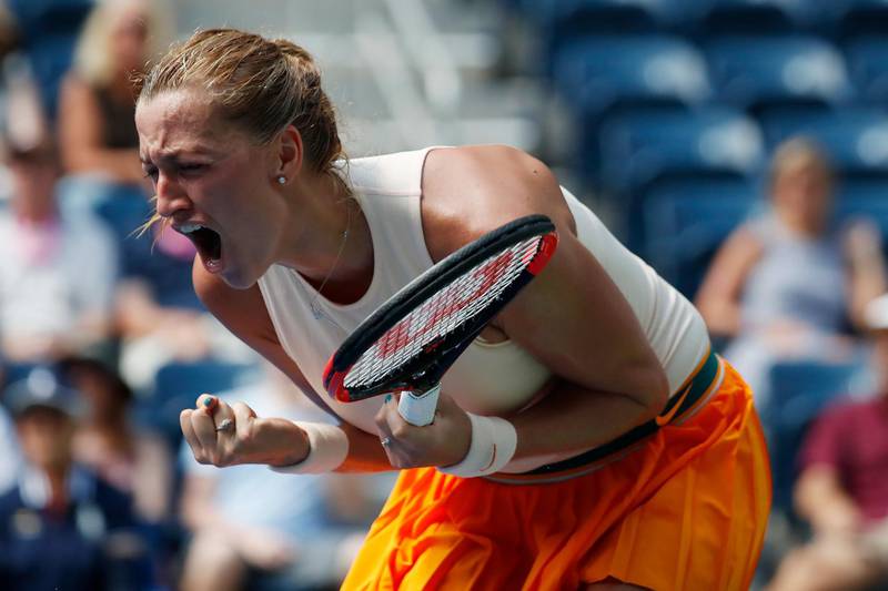 Aug 30, 2018; New York, NY, USA; Petra Kvitova of Czech Republic celebrates after winning the first set against Yafan Wang of China (not pictured) in the second round on day four of the US Open at USTA Billie Jean King National Tennis Center. Mandatory Credit: Geoff Burke-USA TODAY Sports