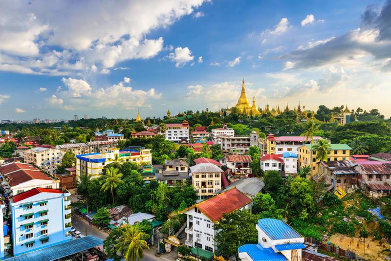 Yangon, Myanmar city skyline.