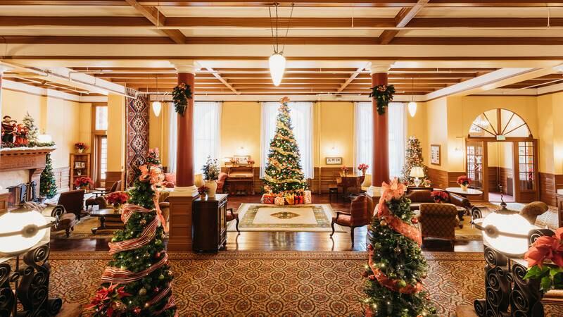 The Hotel Colorado display has grown to include more than half a million lights throughout the exterior, lobby, dining areas, banquet rooms. and more than 60 decorated Christmas trees.