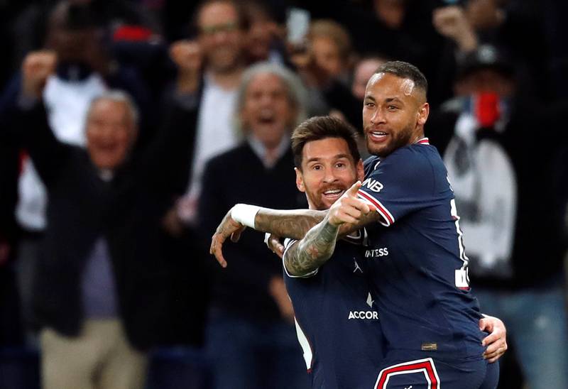 Paris Saint-Germain's Lionel Messi celebrates scoring their second goal with Neymar. Reuters